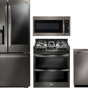 LG 4 Piece Kitchen Appliances Package with French Door Refrigerator, Gas Range, Dishwasher and Over the Range Microwave LGRERADWMW5249