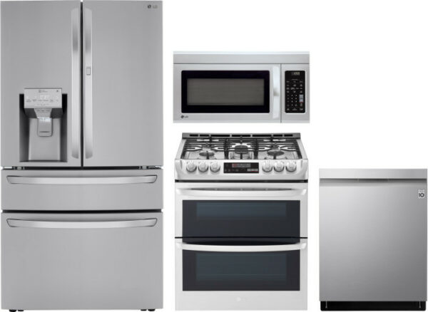 LG 4 Piece Kitchen Appliances Package with French Door Refrigerator, Gas Range, Dishwasher and Over the Range Microwave LGRERADWMW5708