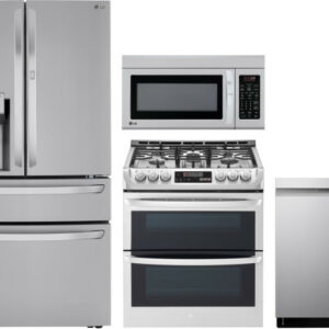 LG 4 Piece Kitchen Appliances Package with French Door Refrigerator, Gas Range, Dishwasher and Over the Range Microwave LGRERADWMW6551