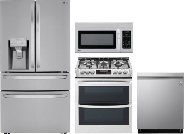 LG 4 Piece Kitchen Appliances Package with French Door Refrigerator, Gas Range, Dishwasher and Over the Range Microwave LGRERADWMW6551