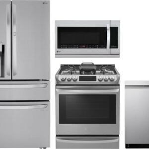 LG 4 Piece Kitchen Appliances Package with French Door Refrigerator, Gas Range, Dishwasher and Over the Range Microwave LGRERADWMW6553