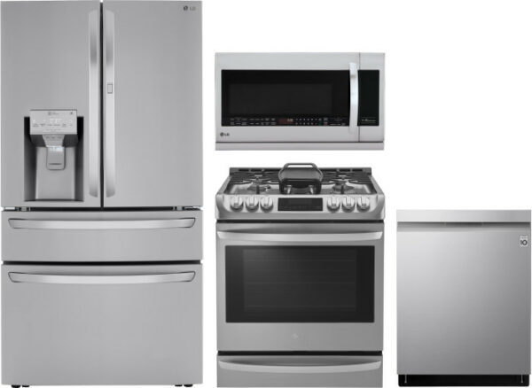 LG 4 Piece Kitchen Appliances Package with French Door Refrigerator, Gas Range, Dishwasher and Over the Range Microwave LGRERADWMW6553