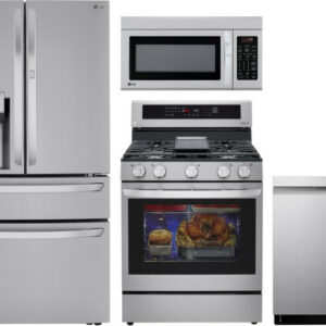 LG 4 Piece Kitchen Appliances Package with French Door Refrigerator, Gas Range, Dishwasher and Over the Range Microwave LGRERADWMW6556