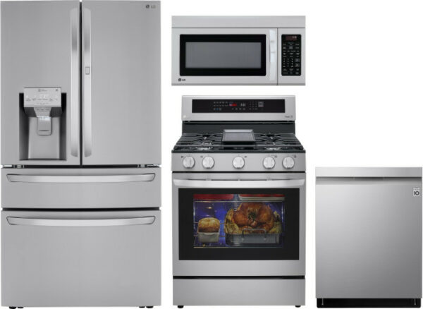 LG 4 Piece Kitchen Appliances Package with French Door Refrigerator, Gas Range, Dishwasher and Over the Range Microwave LGRERADWMW6556