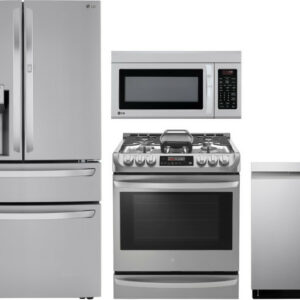 LG 4 Piece Kitchen Appliances Package with French Door Refrigerator, Gas Range, Dishwasher and Over the Range Microwave LGRERADWMW6559