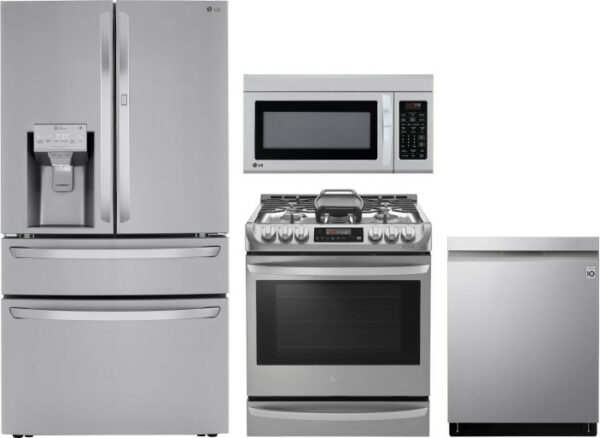 LG 4 Piece Kitchen Appliances Package with French Door Refrigerator, Gas Range, Dishwasher and Over the Range Microwave LGRERADWMW6559