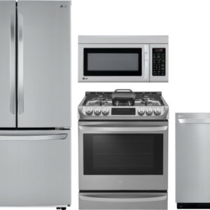 LG 4 Piece Kitchen Appliances Package with French Door Refrigerator, Gas Range, Dishwasher and Over the Range Microwave in Stainless Steel LGRERADWMW1