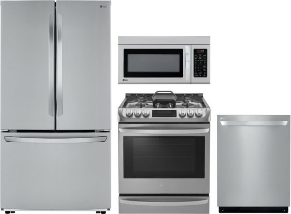 LG 4 Piece Kitchen Appliances Package with French Door Refrigerator, Gas Range, Dishwasher and Over the Range Microwave in Stainless Steel LGRERADWMW1