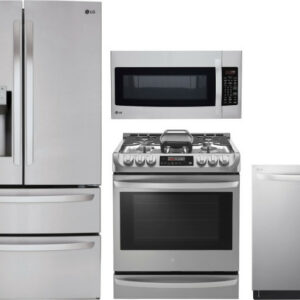 LG 4 Piece Kitchen Appliances Package with French Door Refrigerator, Gas Range, Dishwasher and Over the Range Microwave in Stainless Steel LGRERADWMW2