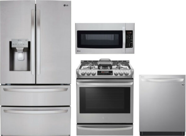 LG 4 Piece Kitchen Appliances Package with French Door Refrigerator, Gas Range, Dishwasher and Over the Range Microwave in Stainless Steel LGRERADWMW2