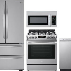 LG 4 Piece Kitchen Appliances Package with French Door Refrigerator, Gas Range, Dishwasher and Over the Range Microwave in Stainless Steel LGRERADWMW3