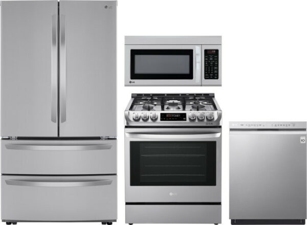 LG 4 Piece Kitchen Appliances Package with French Door Refrigerator, Gas Range, Dishwasher and Over the Range Microwave in Stainless Steel LGRERADWMW3