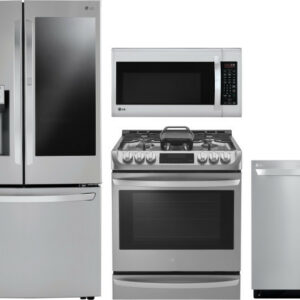 LG 4 Piece Kitchen Appliances Package with French Door Refrigerator, Gas Range, Dishwasher and Over the Range Microwave in Stainless Steel LGRERADWMW4