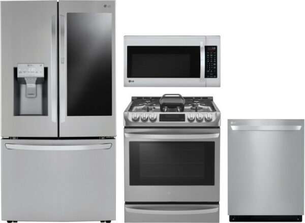 LG 4 Piece Kitchen Appliances Package with French Door Refrigerator, Gas Range, Dishwasher and Over the Range Microwave in Stainless Steel LGRERADWMW4