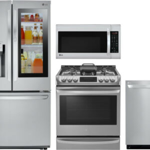 LG 4 Piece Kitchen Appliances Package with French Door Refrigerator, Gas Range, Dishwasher and Over the Range Microwave in Stainless Steel LGRERADWMW5