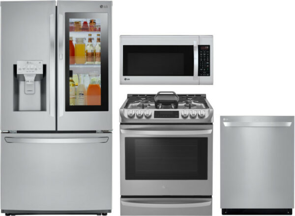 LG 4 Piece Kitchen Appliances Package with French Door Refrigerator, Gas Range, Dishwasher and Over the Range Microwave in Stainless Steel LGRERADWMW5