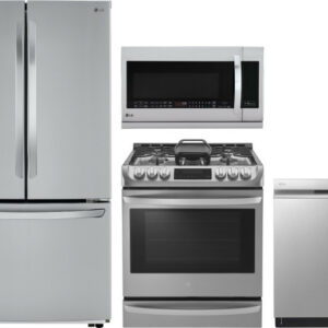 LG 4 Piece Kitchen Appliances Package with French Door Refrigerator, Gas Range, Dishwasher and Over the Range Microwave in Stainless Steel LGRERADWMW6