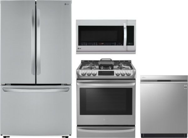 LG 4 Piece Kitchen Appliances Package with French Door Refrigerator, Gas Range, Dishwasher and Over the Range Microwave in Stainless Steel LGRERADWMW6