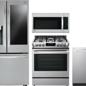 LG 4 Piece Kitchen Appliances Package with French Door Refrigerator, Gas Range, Over the Range Microwave and Dishwasher in Stainless Steel LGRERADWMW1