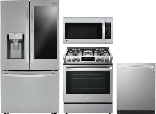 LG 4 Piece Kitchen Appliances Package with French Door Refrigerator, Gas Range, Over the Range Microwave and Dishwasher in Stainless Steel LGRERADWMW1