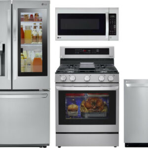 LG 4 Piece Kitchen Appliances Package with French Door Refrigerator, Gas Range, Over the Range Microwave and Dishwasher in Stainless Steel LGRERADWMW3