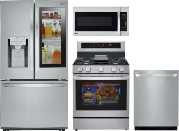 LG 4 Piece Kitchen Appliances Package with French Door Refrigerator, Gas Range, Over the Range Microwave and Dishwasher in Stainless Steel LGRERADWMW3