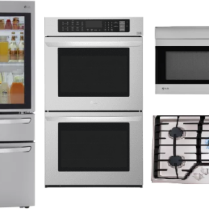 LG 4 Piece Kitchen Appliances Package with French Door Refrigerator and Over the Range Microwave in Stainless Steel LGRECTWORH303