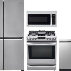 LG 4 Piece Kitchen Appliances Package with Side-by-Side Refrigerator, Dual Fuel Range, Dishwasher and Over the Range Microwave in Platinum Silver LGRE