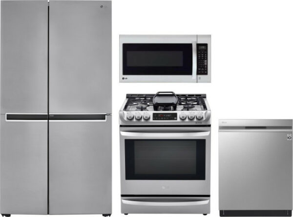 LG 4 Piece Kitchen Appliances Package with Side-by-Side Refrigerator, Dual Fuel Range, Dishwasher and Over the Range Microwave in Platinum Silver LGRE