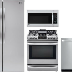 LG 4 Piece Kitchen Appliances Package with Side-by-Side Refrigerator, Dual Fuel Range, Dishwasher and Over the Range Microwave in Stainless Steel LGRE