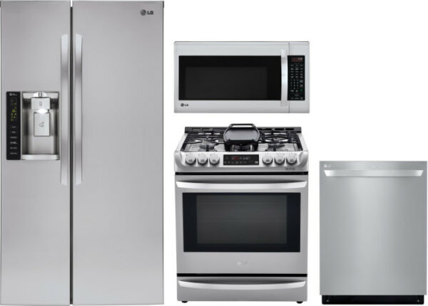 LG 4 Piece Kitchen Appliances Package with Side-by-Side Refrigerator, Dual Fuel Range, Dishwasher and Over the Range Microwave in Stainless Steel LGRE