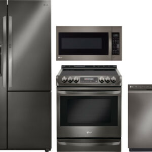 LG 4 Piece Kitchen Appliances Package with Side-by-Side Refrigerator, Electric Range, Dishwasher and Over the Range Microwave in Black Stainless Steel