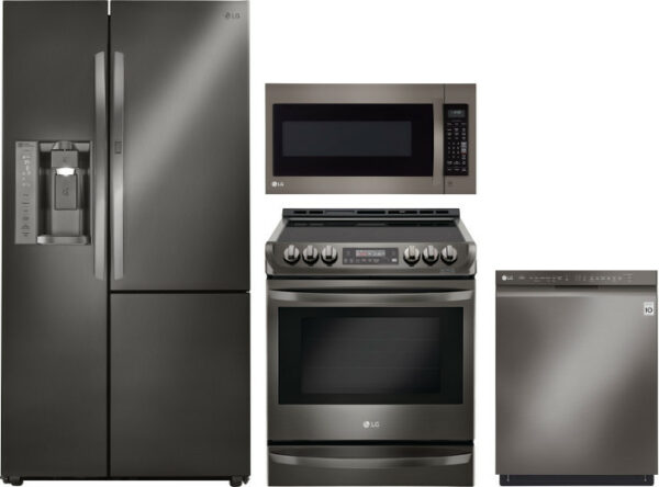 LG 4 Piece Kitchen Appliances Package with Side-by-Side Refrigerator, Electric Range, Dishwasher and Over the Range Microwave in Black Stainless Steel