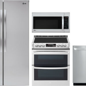 LG 4 Piece Kitchen Appliances Package with Side-by-Side Refrigerator, Electric Range, Dishwasher and Over the Range Microwave in Stainless Steel LGRER