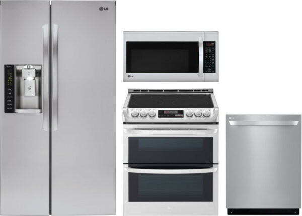 LG 4 Piece Kitchen Appliances Package with Side-by-Side Refrigerator, Electric Range, Dishwasher and Over the Range Microwave in Stainless Steel LGRER