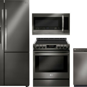 LG 4 Piece Kitchen Appliances Package with Side-by-Side Refrigerator, Electric Range, Over the Range Microwave and Dishwasher in Black Stainless Steel