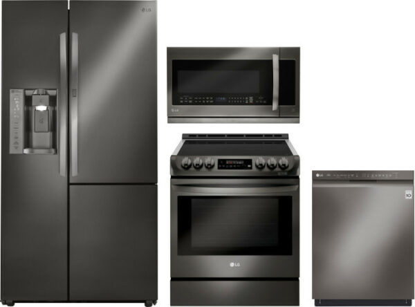 LG 4 Piece Kitchen Appliances Package with Side-by-Side Refrigerator, Electric Range, Over the Range Microwave and Dishwasher in Black Stainless Steel