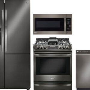 LG 4 Piece Kitchen Appliances Package with Side-by-Side Refrigerator, Gas Range, Dishwasher and Over the Range Microwave in Black Stainless Steel LGRE