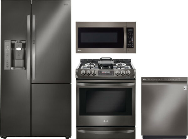 LG 4 Piece Kitchen Appliances Package with Side-by-Side Refrigerator, Gas Range, Dishwasher and Over the Range Microwave in Black Stainless Steel LGRE