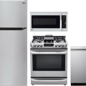 LG 4 Piece Kitchen Appliances Package with Top Freezer Refrigerator, Dual Fuel Range, Dishwasher and Over the Range Microwave in Stainless Steel LGRER