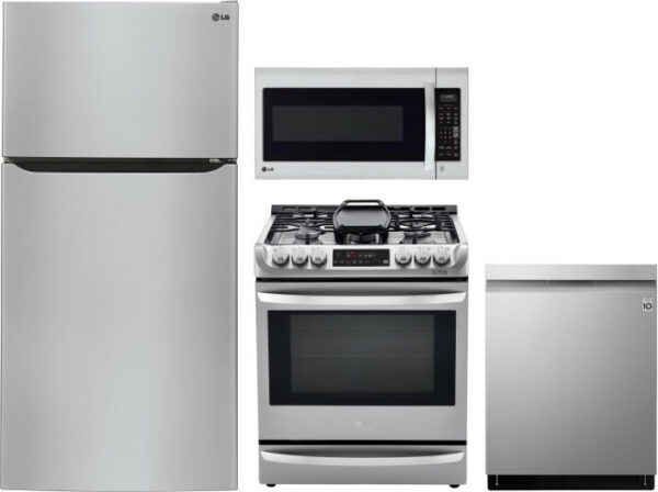 LG 4 Piece Kitchen Appliances Package with Top Freezer Refrigerator, Dual Fuel Range, Dishwasher and Over the Range Microwave in Stainless Steel LGRER