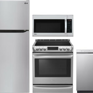 LG 4 Piece Kitchen Appliances Package with Top Freezer Refrigerator, Electric Range, Dishwasher and Over the Range Microwave in Stainless Steel LGRERA