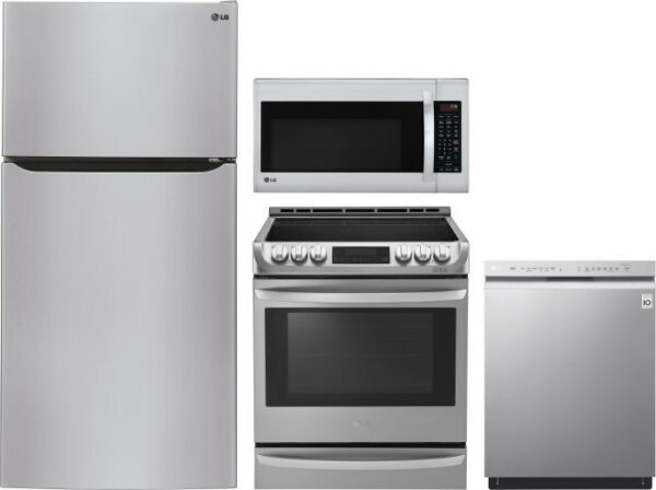 LG 4 Piece Kitchen Appliances Package with Top Freezer Refrigerator, Electric Range, Dishwasher and Over the Range Microwave in Stainless Steel LGRERA