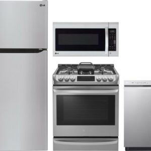 LG 4 Piece Kitchen Appliances Package with Top Freezer Refrigerator, Gas Range, Dishwasher and Over the Range Microwave in Stainless Steel LGRERADWMW3