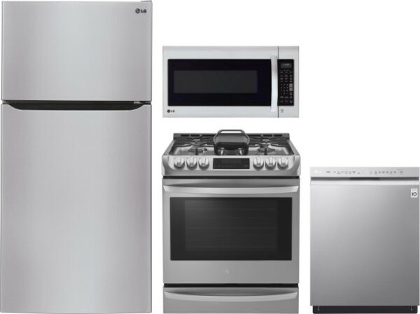 LG 4 Piece Kitchen Appliances Package with Top Freezer Refrigerator, Gas Range, Dishwasher and Over the Range Microwave in Stainless Steel LGRERADWMW3