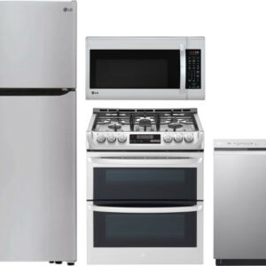 LG 4 Piece Kitchen Appliances Package with Top Freezer Refrigerator, Gas Range, Dishwasher and Over the Range Microwave in Stainless Steel LGRERADWMW6