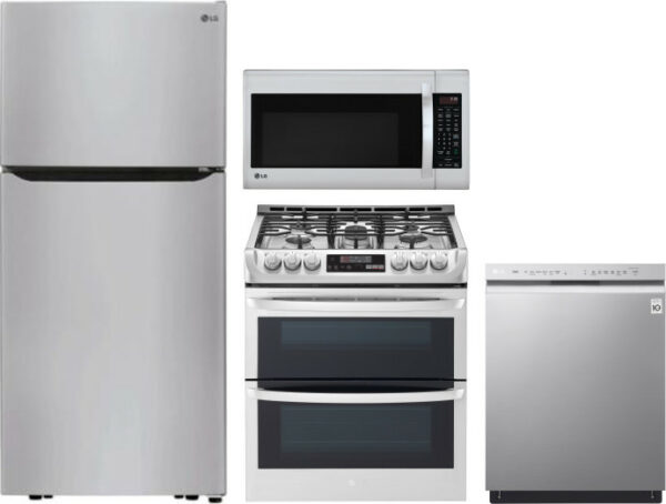 LG 4 Piece Kitchen Appliances Package with Top Freezer Refrigerator, Gas Range, Dishwasher and Over the Range Microwave in Stainless Steel LGRERADWMW6