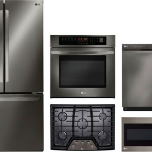 LG 5 Piece Kitchen Appliances Package with French Door Refrigerator, Dishwasher and Over the Range Microwave in Black Stainless Steel LGRECTDWMW1008