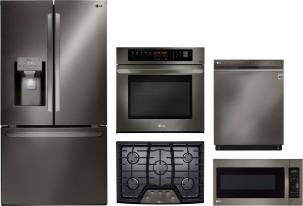 LG 5 Piece Kitchen Appliances Package with French Door Refrigerator, Dishwasher and Over the Range Microwave in Black Stainless Steel LGRECTDWMW1008