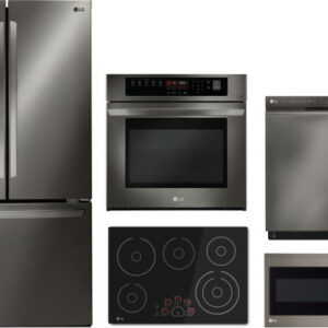 LG 5 Piece Kitchen Appliances Package with French Door Refrigerator, Dishwasher and Over the Range Microwave in Black Stainless Steel LGRECTDWMW1018